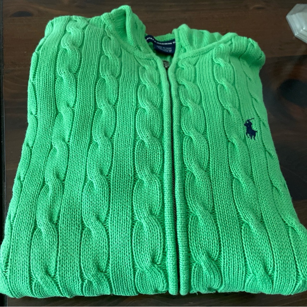 Vintage Classic Ralph Lauren  Green Cable Knit Zip Sweater with Hood Med